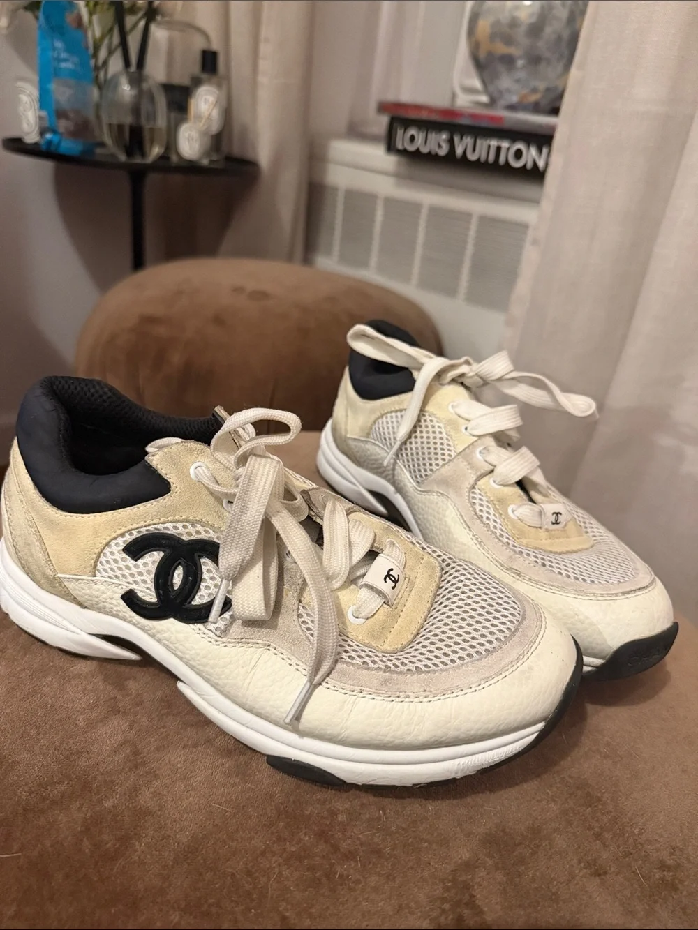CHANEL Cream and Black Sneakers